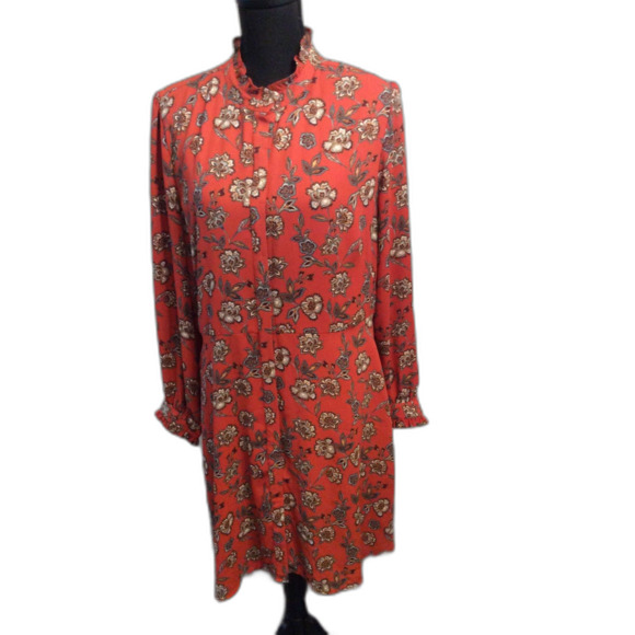 Loft Long Sleeve Ann Taylor Dress 14 Ruffled Collar Fall Floral Button Front - Picture 1 of 6